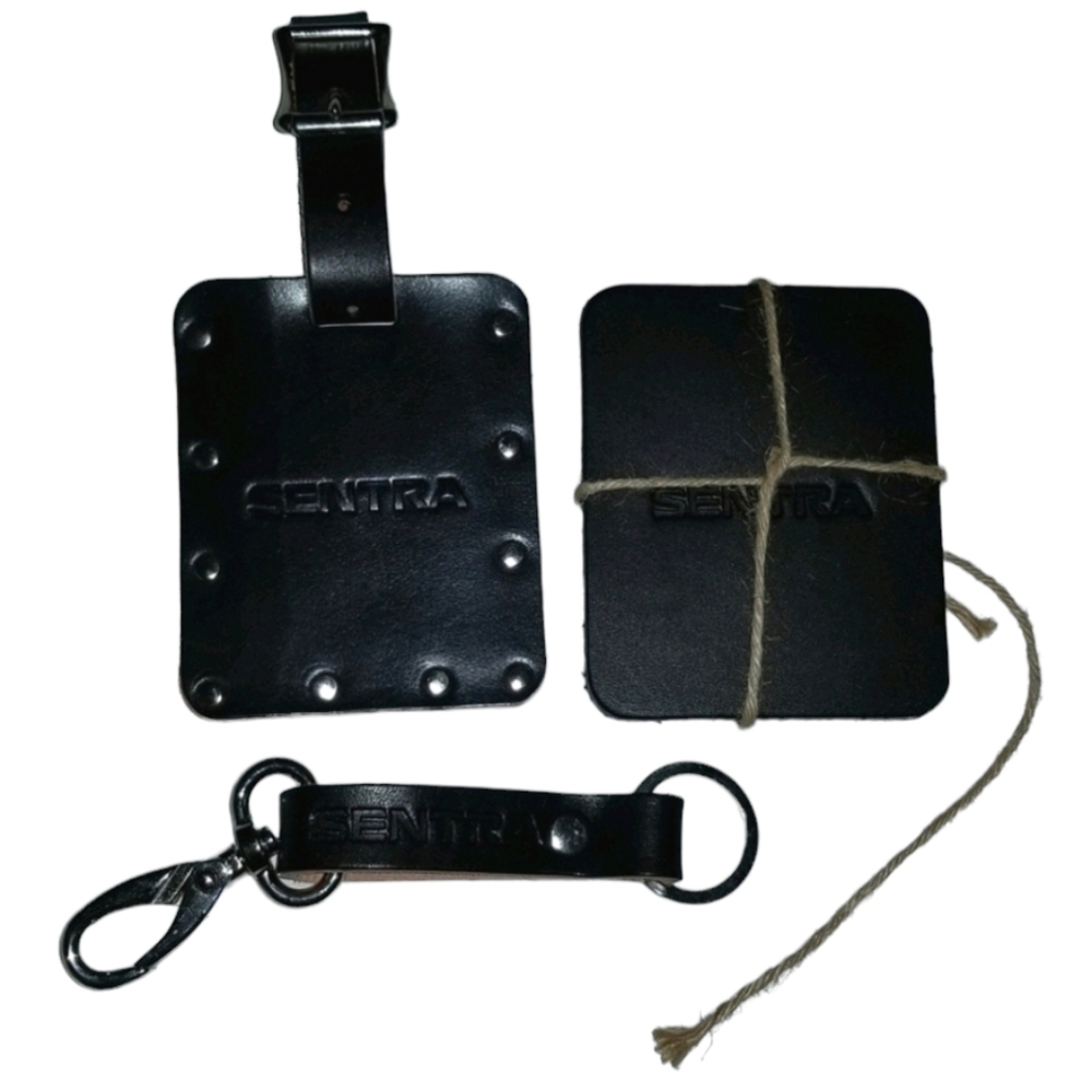 100% Leather TRAVEL GIFT: Luggage Tag, Key Ring, Coaster Accessories Set